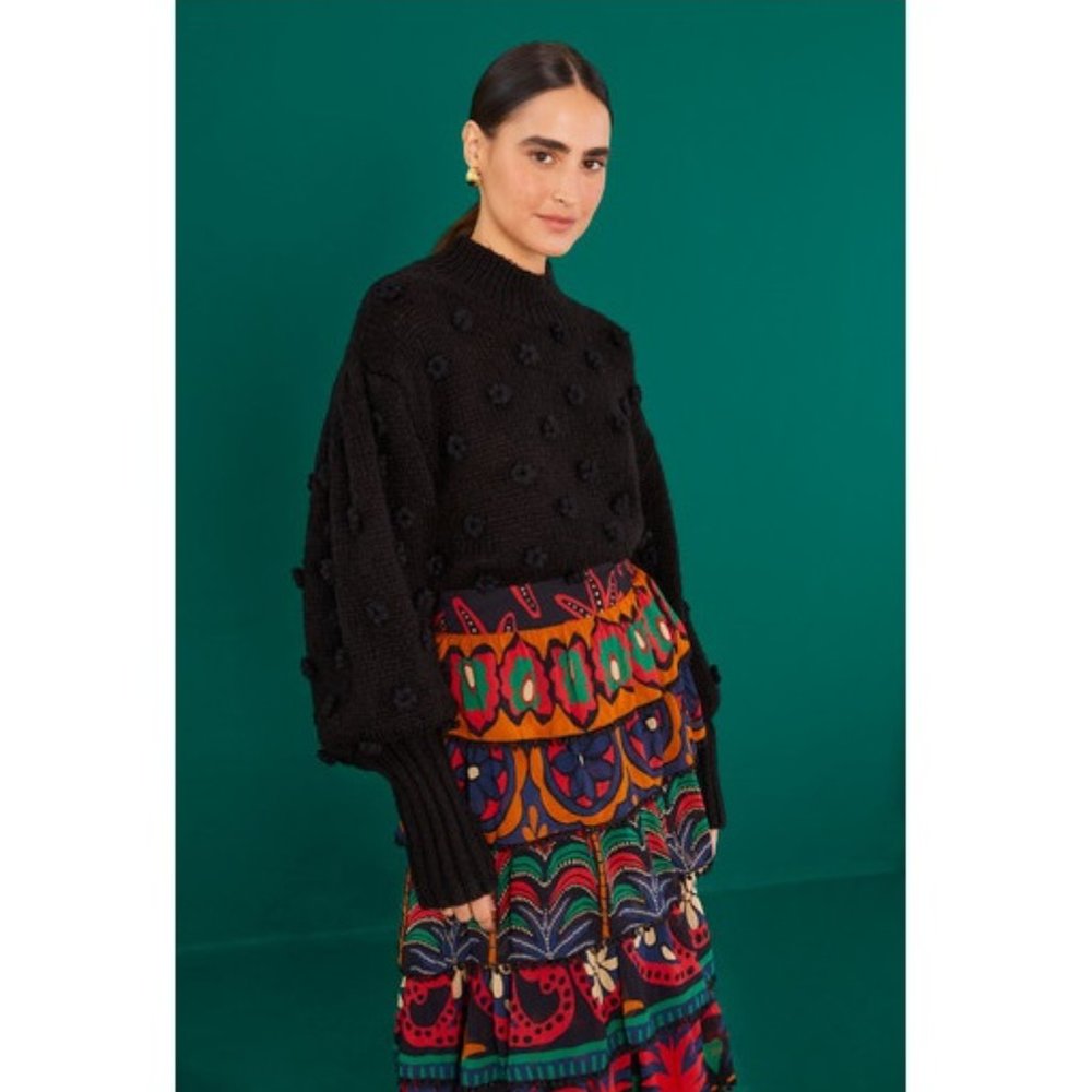 Farm Rio Black Handmade Flowers Sweater / Small / Black Floral Balloon Sleeve